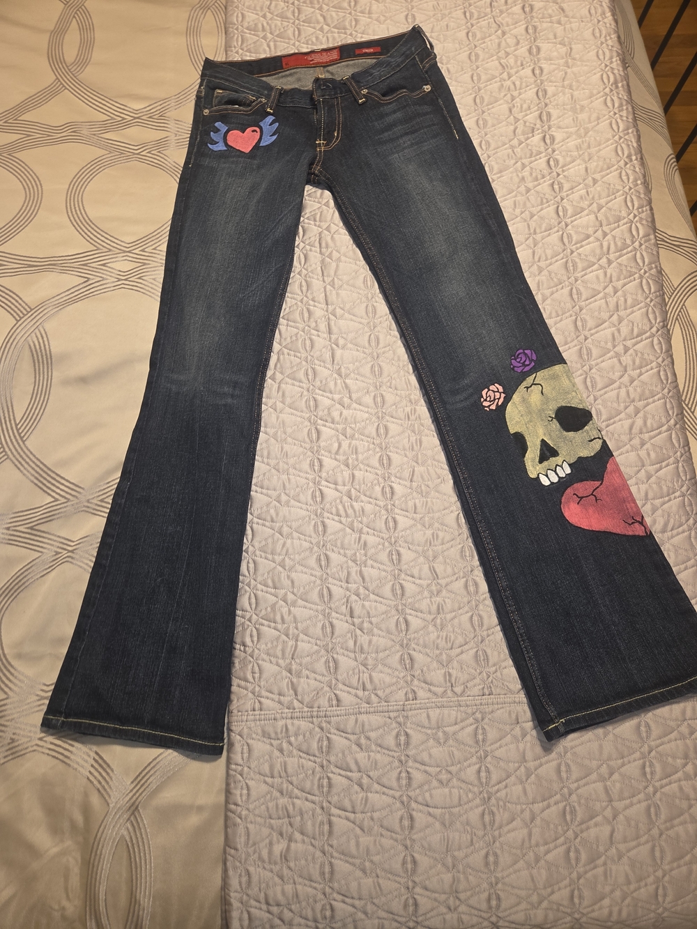 Guess Dark Blue Flare Jeans Upcycled Hand Painted Skull & Heart Sz 27